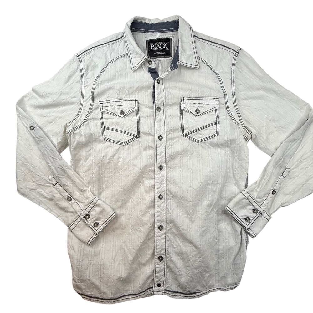 Buckle Black Mens XL White Textured Long Sleeve Button‎ Up Shirt Standard Fit